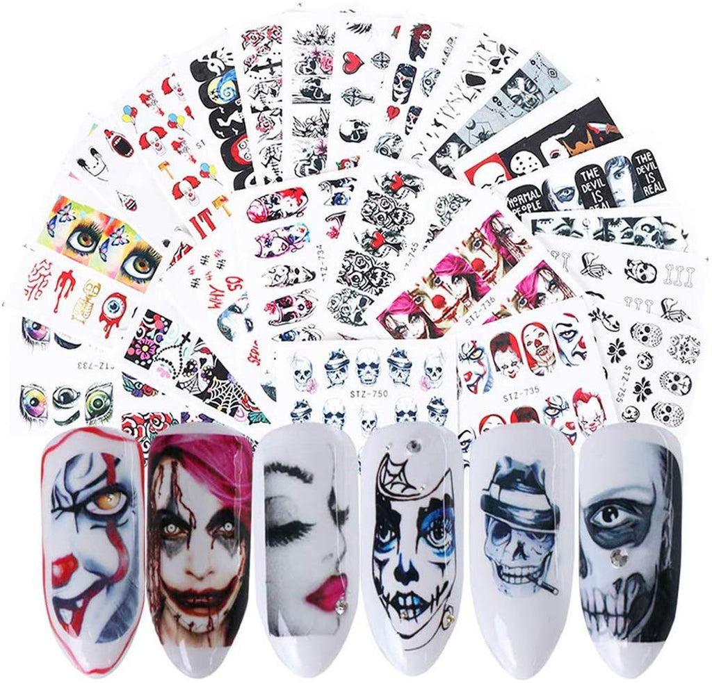 Nail Art Stickers Decals Skull Mixed Styles 24 Sheets Skull Ghost Eye Hulk Clown Witch Nail Art Stickers for Halloween Party Supply Fingernails Toenails Decorations - BeesActive Australia