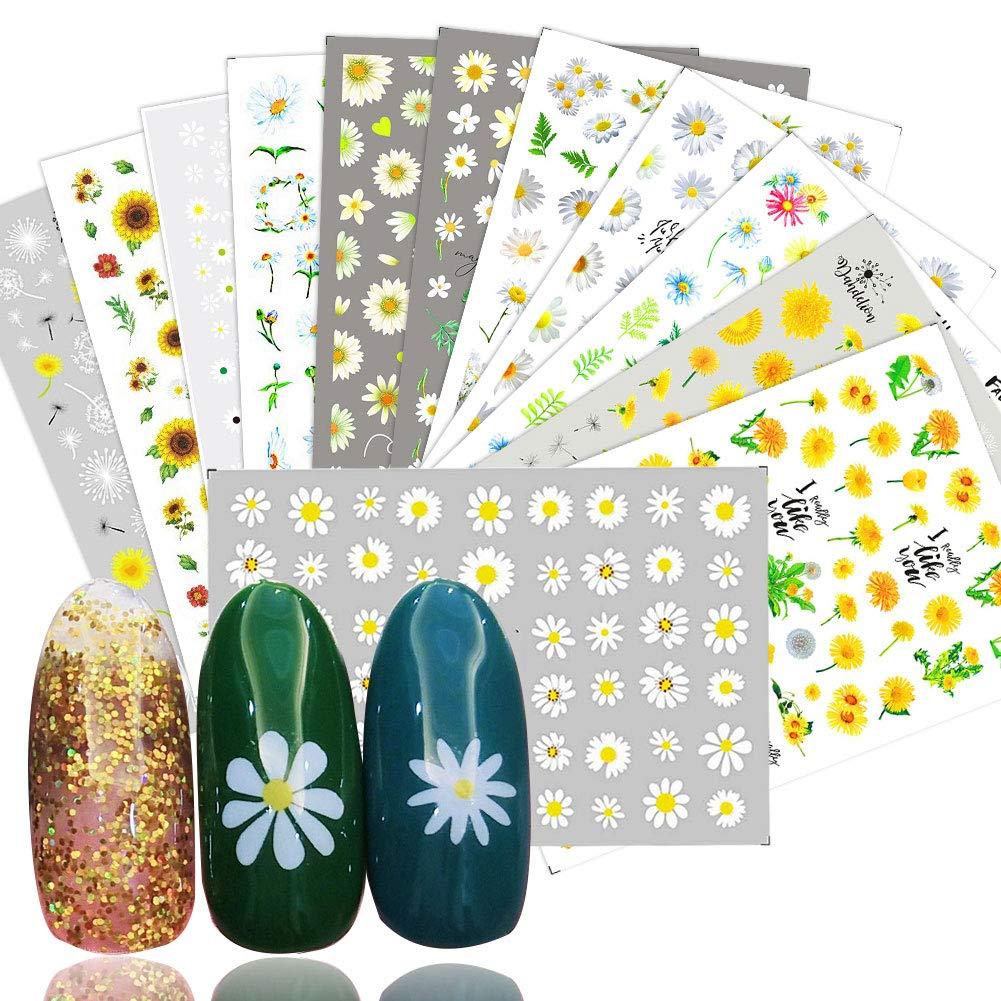 Flowers Nail Art Stickers Decals Nail Supplies 12 Sheets Sunflower Daisy Nail Sticker for Design Decoration Sunflower 3D Self-Adhesive Decals for Nail Manicure Design - BeesActive Australia