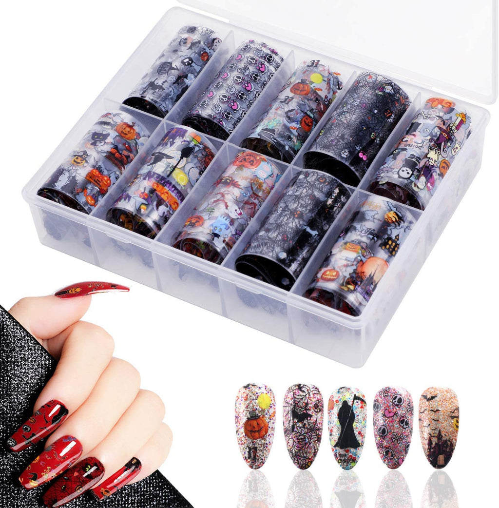 Lookmee Halloween Nail Art Foil Transfer Stickers 10 Rolls Halloween Nail Stickers Bat Spider Skull Ghost Mixed Patterns Nail Decals for Halloween Party Supplies - BeesActive Australia