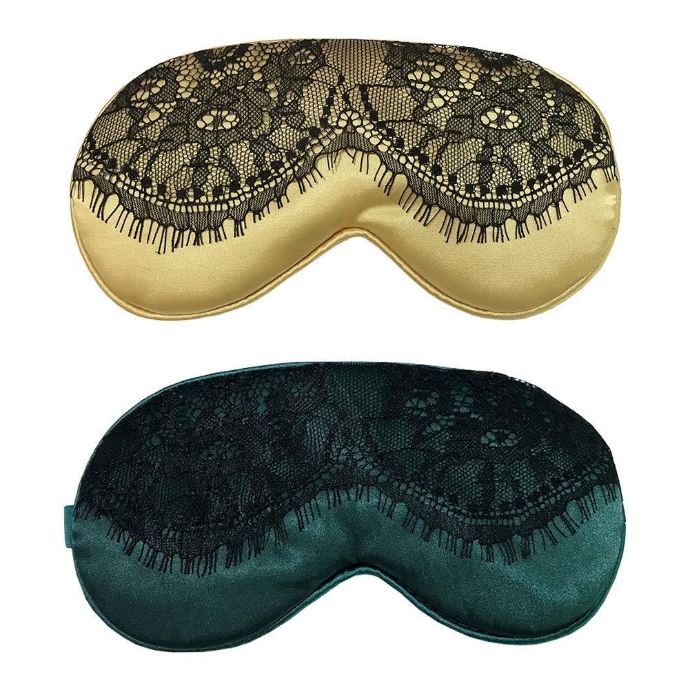 Ayygift 2Pack Soft Silk Sleeping Mask Pretty Lace Eye Mask Good Sleep Eyeshade Eye Cover (Yellow Dark Green) Lace 2pack_yellow Dark Green - BeesActive Australia