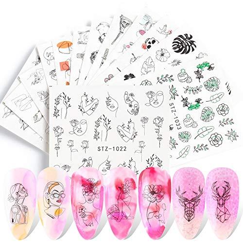 CHANGAR Abstract Lady Face Nail Decals Geometry Lining Animal Nail Art Water Transfer Sticker Rose Skull Bone Water Sliders Paper Nail Art Decor Gel Polish Sticker Manicure Tips - BeesActive Australia