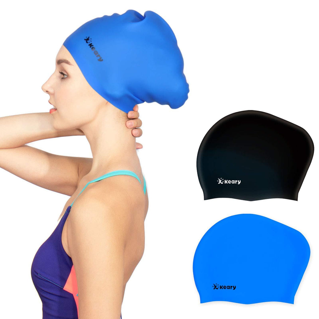 Keary 2 Pack Updated Silicone Swim Cap for Long Hair Women Girl Waterproof Bathing Pool Swimming Cap Cover Ears to Keep Your Hair Dry, 3D Soft Stretchable Durable and Anti-Slip, Easy to Put On and Off Black & Blue【M】 - BeesActive Australia