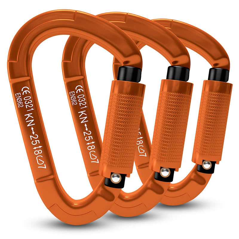FVW Auto Locking Rock Climbing Carabiner Clips,Professional 25KN (5620 lbs) Heavy Duty Caribeaners for Rappelling Swing Rescue & Gym etc,Large Carabiners,D-Shaped 3pcs-orange - BeesActive Australia