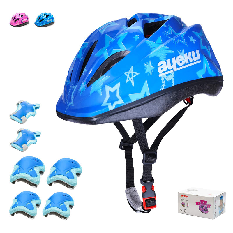 Kids Bike Helmet Skateboard Helmet 5-14 Years Sports Protective Gear Set Adjustable Youth Helmet Knee Elbow Pads Wrist Guards for Cycling Scooter Rollerblading CPSC Certified blue star S? 5-8 years/19.5-22 IN ) - BeesActive Australia