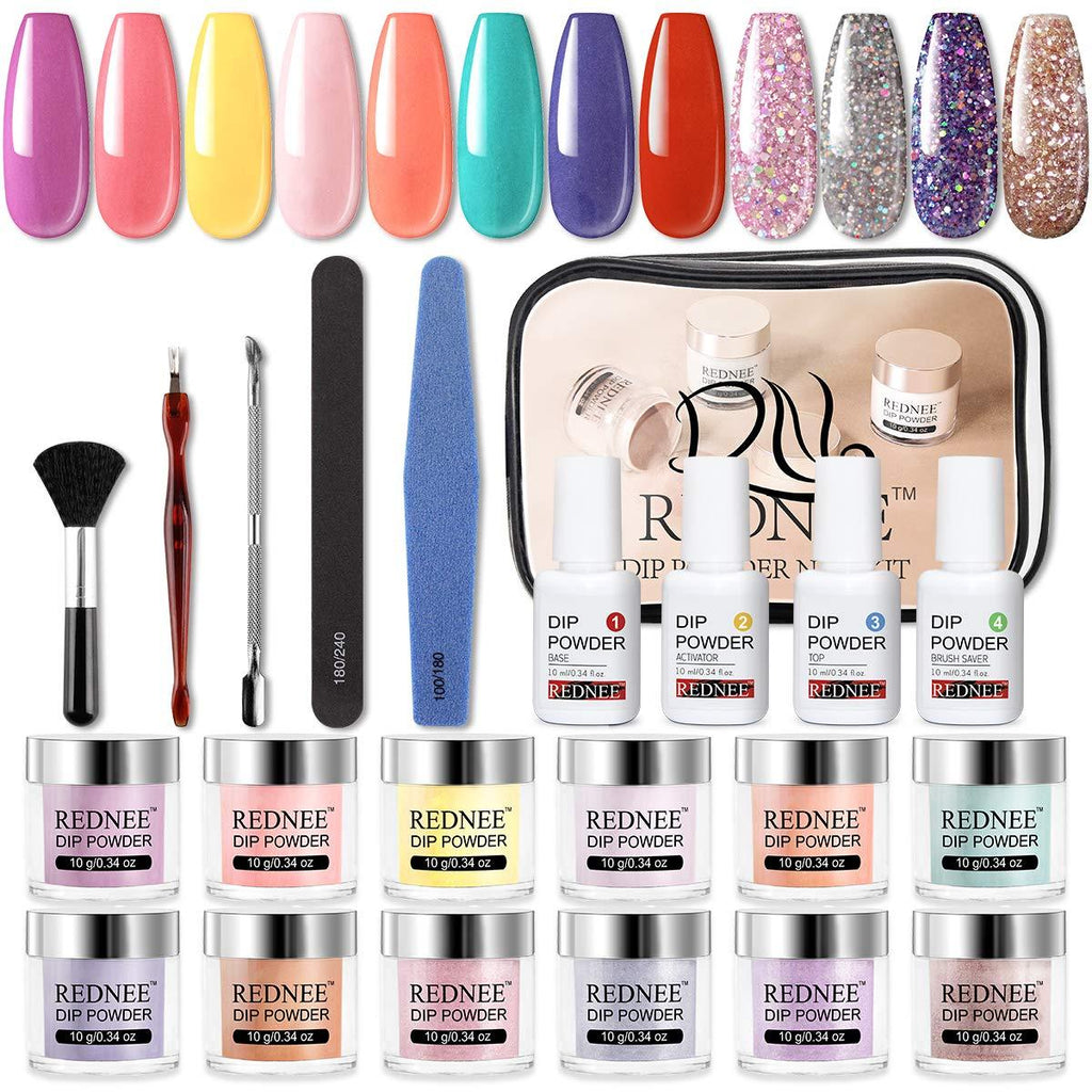 REDNEE 12+10 Dipping Powder Nail Starter Kit 12 Colors 10 Tools No Nail Lamp Needed Portable Kit for Travel - RE09 Rainbow Color - BeesActive Australia