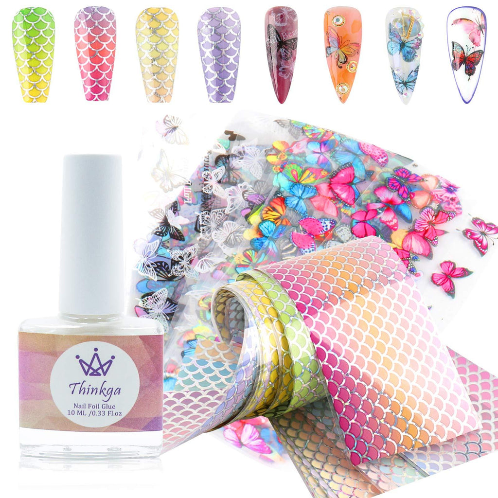 21 Sheet Iridescent Holographic Nail Foil Transfer Sticker with 10pcs Mermaid Foils, 10pcs Butterfly Nail Foils, Fish Nail Wrap Stickers for Kids Girls Teen Women, Nail Polish, Gel Nail, Acrylic Nails Mermaid Foil+Butterfly Foil - BeesActive Australia