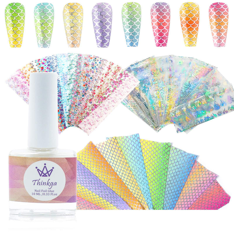 31pcs Nail Foil Transfer Kit with 10pcs Mermaid Nail Foil, 10 Holographic Nail Foil, 10pcs Flower Nail Foil Sticker, 1pcs Nail Foil Glue, Super Bundle Set for Home DIY and Nail Salon Nail Art Design Mermaid Foil+ Holographic Foil - BeesActive Australia