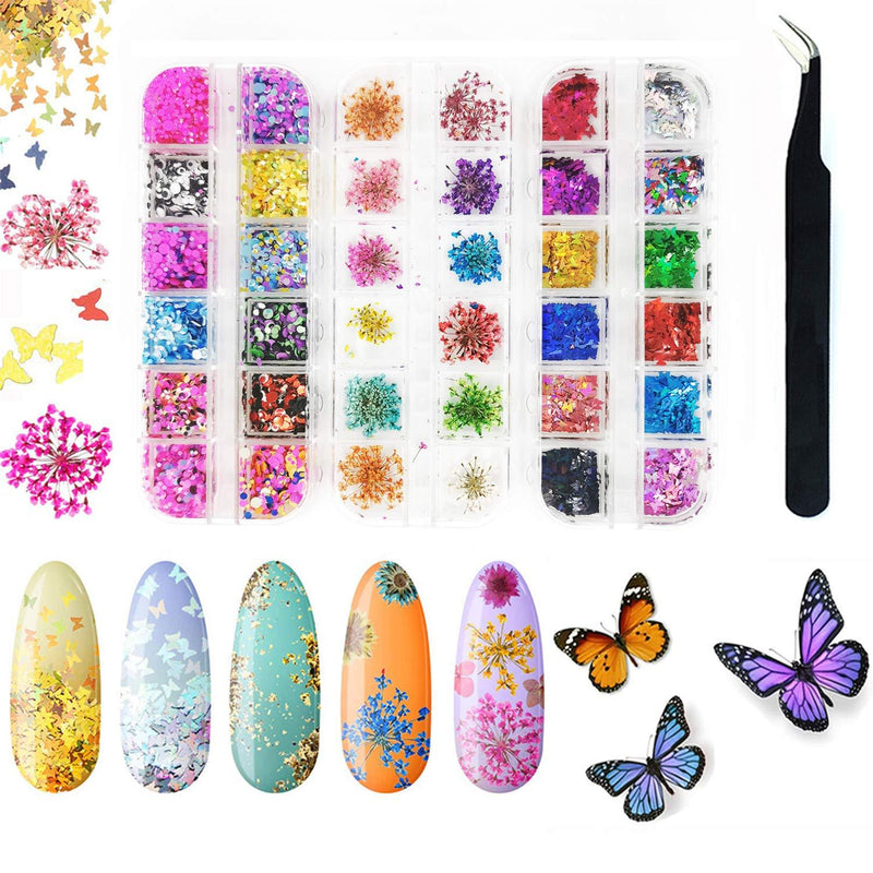 Dried Flowers Nail Art -3 Boxes 3D Nail Dried Flowers，12 Colors butterfly nail decals，12 Colors Acrylic Nail Sequins with Tweezers for Nail Decoration Face Body Decoration DIY Crafting - BeesActive Australia
