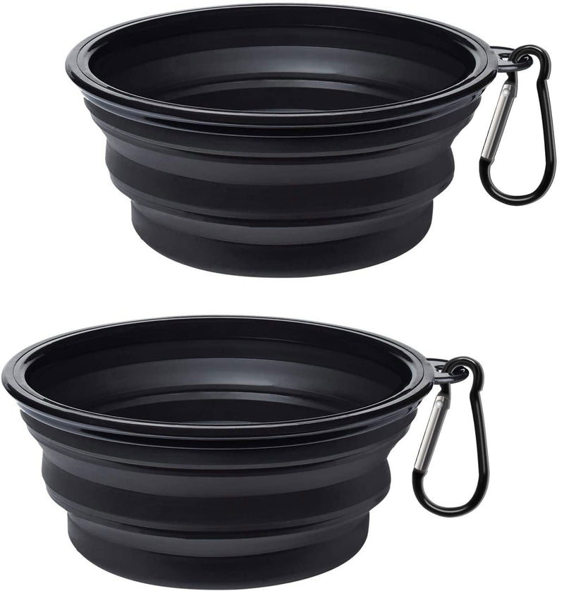 PetBonus 2-Pack Silicone Collapsible Dog Bowls, BPA Free Dishwasher Safe, Portable Foldable Expandable Travel Bowl, Food Water Feeding Cup Dish for Dogs Cats with 2 Carabiners Small Black + Black - BeesActive Australia