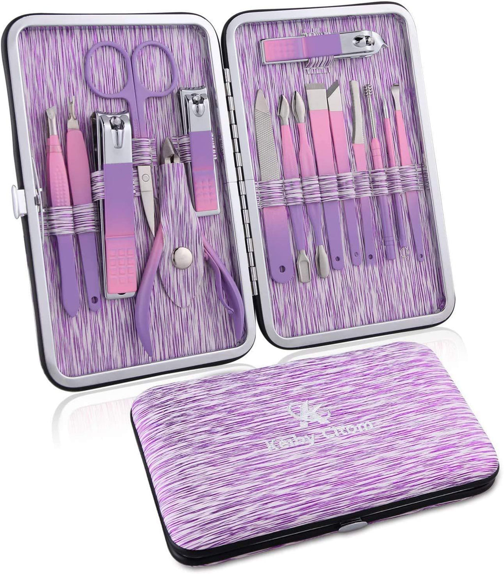 Manicure Set Professional Nail Clippers Kit -16Pcs Pedicure Care Tools Stainless Steel Women Grooming Kit for Travel or Home (Purple) Purple - BeesActive Australia