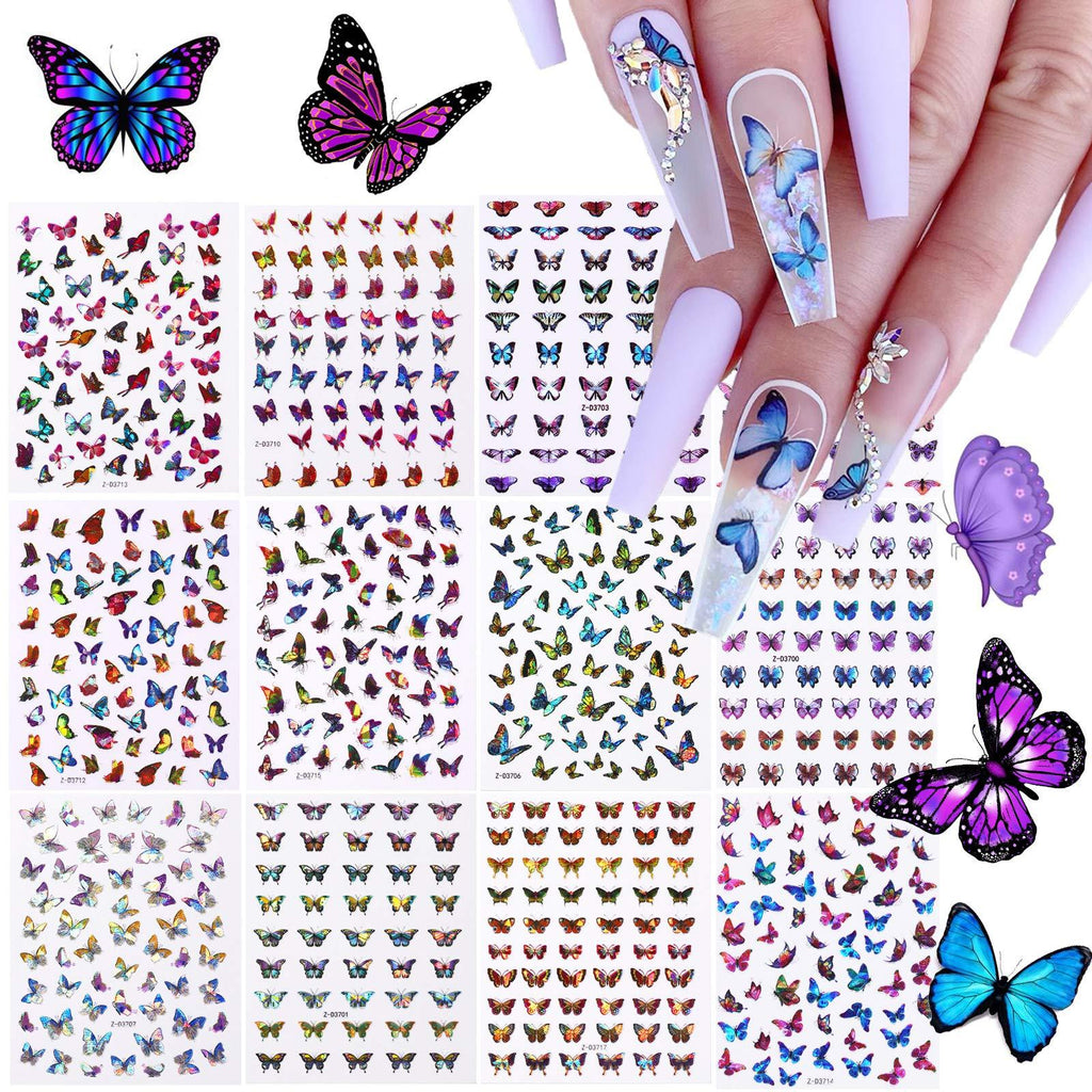 TOROKOM 12 Sheets Butterfly Nail Art Stickers Decals, 3D Self-Adhesive Nail Decals Butterfly Designs Nails Supplies Butterfly Stickers for DIY Colorful Laser Butterflies Nails Manicure Decor - BeesActive Australia