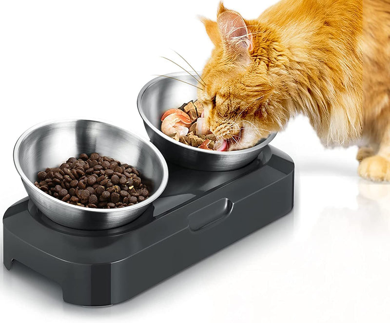 PewinGo Cat Bowl with Stainless Steel, Non-Slip Silicone Mat Cat Feeder with 0 &15° Tilting Neck Protective Bowl for Pets, Cats and Puppies Food and Water Feeding Double Bowl - BeesActive Australia