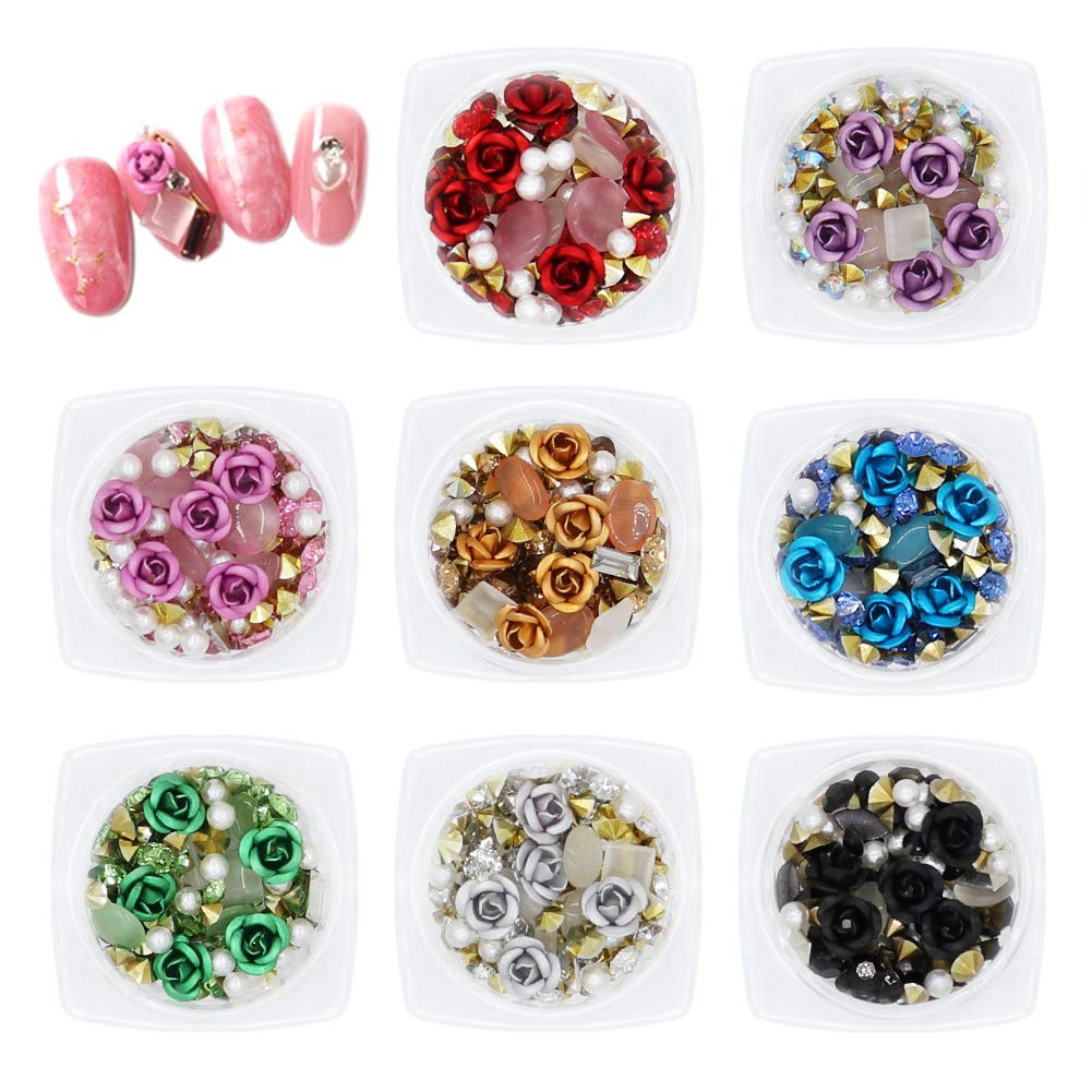 Eternelle 8 Boxes Nail Art 3D Rose Rhinestones Set, Mixed Gems Metal Flower Charms Pearl for Nail Decoration Women Girl DIY Nail Design Craft Decoration - BeesActive Australia