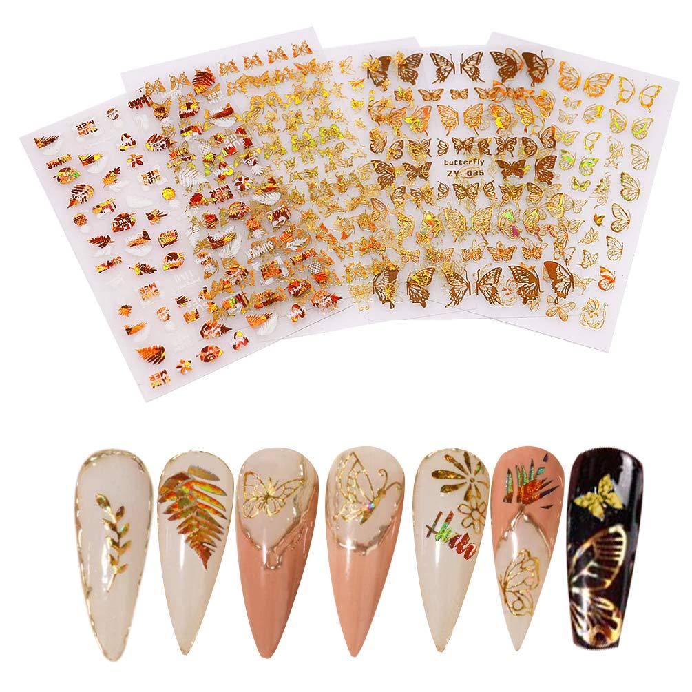 Gold Butterfly Stickers for Nails Maple Leaf Nail Art Self Adhesive Sticker Holographic 3D Nail Decals Laser Nail Foil DIY Nail Art Decorations for Girls Women - BeesActive Australia