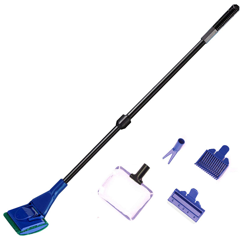 JZMYXA Aquarium Cleaning Tools Kit 5 in 1 Function for Long Deep Fish Tank, Adjustable Length Rod, Including Algae Scrape, Cleaning Sponge, 3.9" Small Fishnet, Gravel Rake, Plant Fork - BeesActive Australia