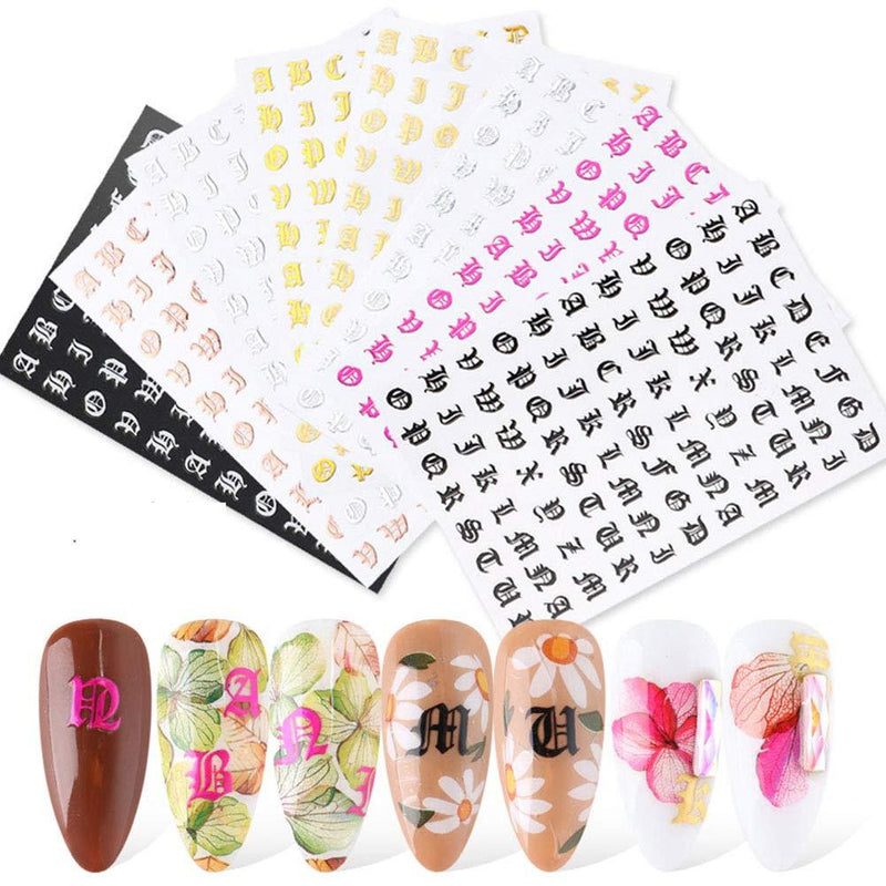 Letter Nail Art Stickers Decals Nail Art Supplies Nail Accessories Decorations 3D Self-Adhesive Letter Laser Words Old English Font Symbolic Nail Stickers for Acrylic Nails 8 Sheets - BeesActive Australia