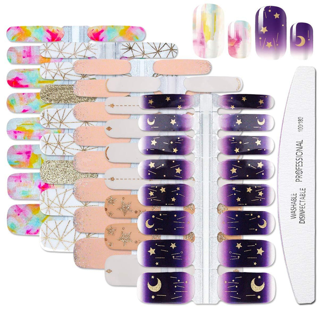 WOKOTO 5 Sheets Glitter Adhesive Nail Art Polish Stickers Tips With 1Pc Nail File Star Full Wraps Nail Decals Strips Set Manicure Accessories KIT3 - BeesActive Australia