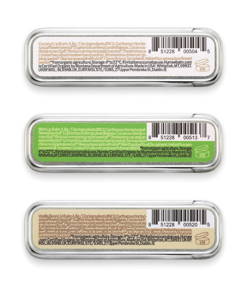 Hurraw! Coconut, Mint, Vanilla Lip Balm Slim Slider Tins, 3 Pack Bundle: Organic, Certified Vegan, Cruelty and Gluten Free. Non-GMO, All Natural Ingredients. Bee, Shea, Soy and Palm Free. Made in USA - BeesActive Australia