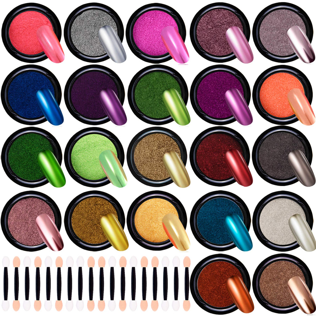 Duufin 22 Colors Chrome Nail Power Metallic Nail Powder for Mirror Effect Nails, Manicure Art Decoration with 22pcs Eyeshadow Sticks, 1g/Jar - BeesActive Australia