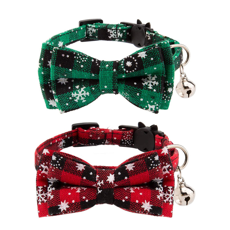 LUTER 2 Pack Christmas Plaid Cat Collars, Detachable Cat Ties with Bow&Bells, Adjustable Collars for Cats, Kitten&Puppy Supplies (Red,Green) Type 1 - BeesActive Australia