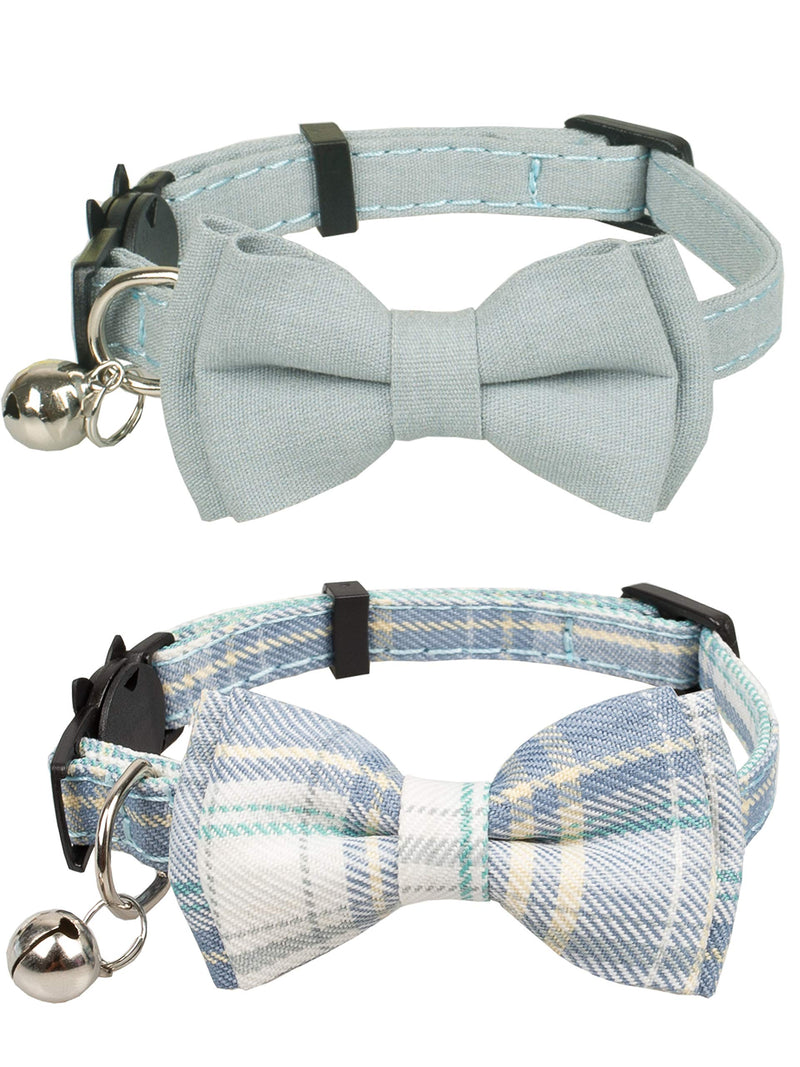 Gyapet Cat Collar Breakaway Bowtie Safety with Bell Adjustbale Kitten Puppy Solid Plaid Color Set D-[2pcs] Blue - BeesActive Australia