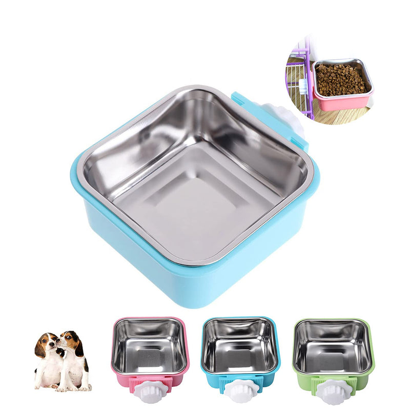 Crate Dog Cat Bowls, Removable Stainless Steel Hanging Pet Cage Bowls Kennel, Food Water Feeder Bowls with Bolt Holder for Puppy Cat Rabbite Birds Small (Pack of 1) Blue Square - BeesActive Australia