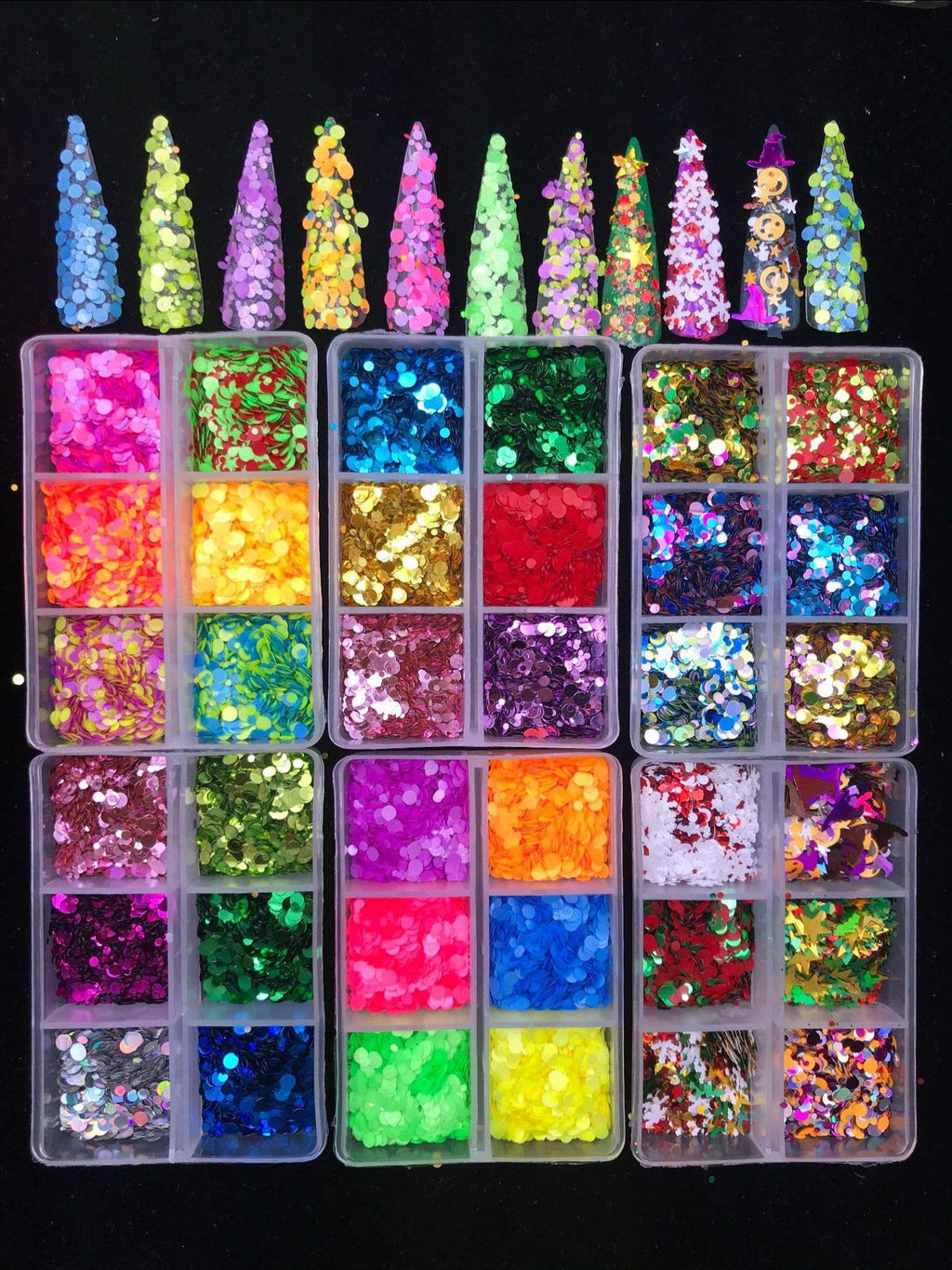 LimoLei 6 Boxes Round Neon Colors Sequins Nail Glitters 3D Nail Art Decoration - BeesActive Australia