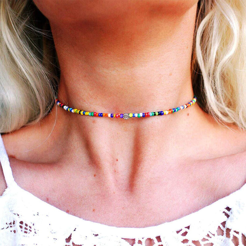 TseanYi Boho Colorful Crystal Necklace Short Tiny Sun Rice Bead Rainbow Necklace Chain Jewelry for Women and Girls (Sun) - BeesActive Australia