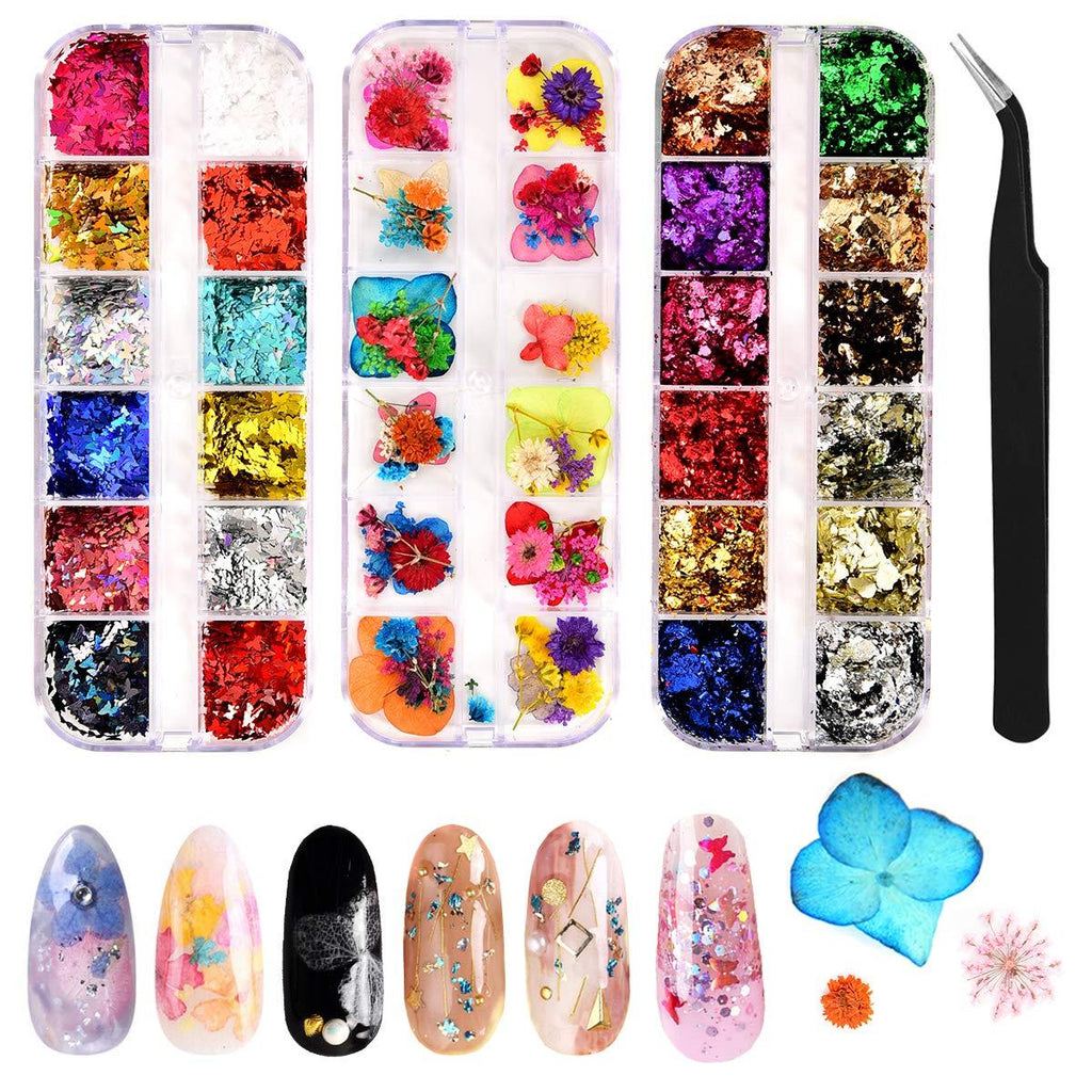 BaDan 48 Pcs Dried Flowers for Nail Art, butterfly Holographic glitter 12 color, 12 Colors Foil Nail Flake with Tweezers, nails and face body hair Holographic glitter powder(3 Boxes) - BeesActive Australia