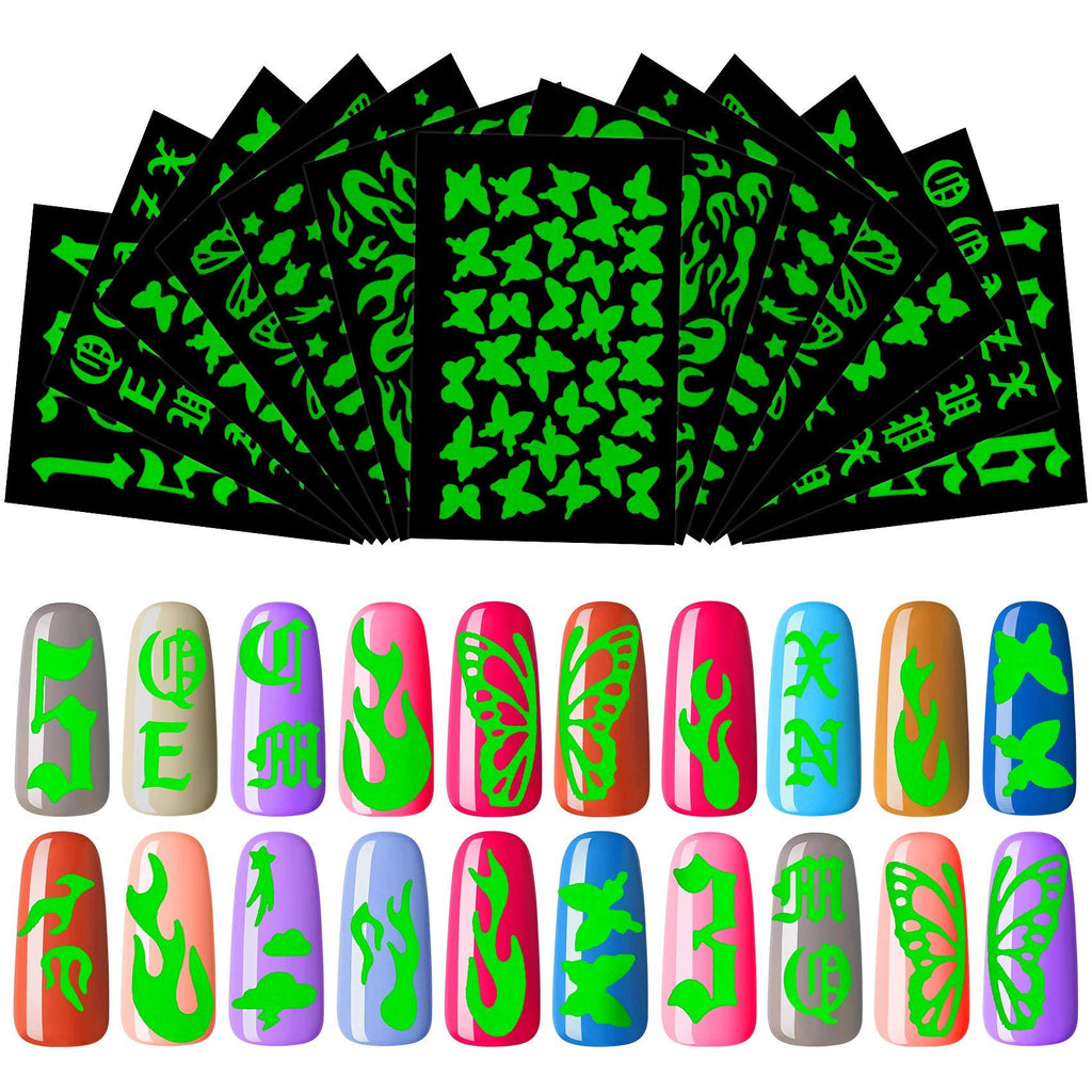 OIIKI 24PCS Luminous Butterfly Nail Stickers, 3D Self-Adhesive Fluorescence Flame Butterfly Cloud Rainbow Number Letter Nail Stickers Decals, Nail Wrap Manicure, Glow in The Dark, for Nail DIY - BeesActive Australia