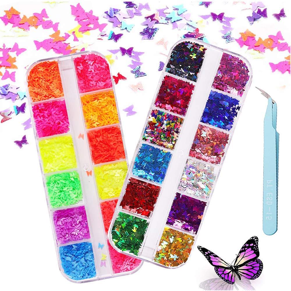 MiaoWu 24 Colors Butterfly Nail Art Glitter Sequins with a Tweezers, Sparkly Nail Flake Butterfly Holographic 3D Nail Art Stickers Colorful Nail Sparkle Glitter Sticker for Nail Art Decoration - BeesActive Australia