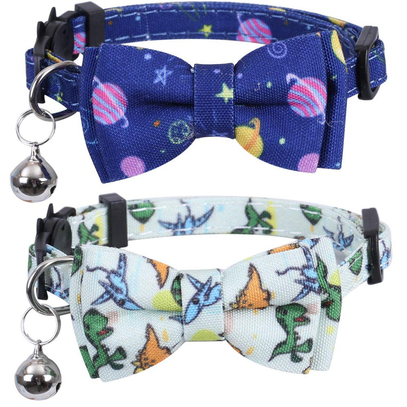 Lamphyface 2 Pack/Set Cat Collar Breakaway with Cute Bow Tie and Bell for Kitty Adjustable Safety Universe&Dinosaur - BeesActive Australia