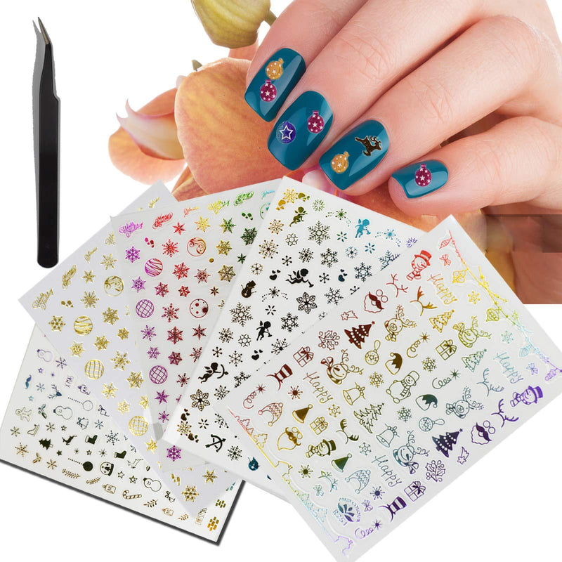 LLGLTOMO 350 PCS 3D Nail Art Adhesive Sticker Sheets Different Laser Gold and Silver Color Nail Art Decals Decorations - Snowmen Santa Snowflakes Nails Accessories with Tweezers for Women Kids - BeesActive Australia