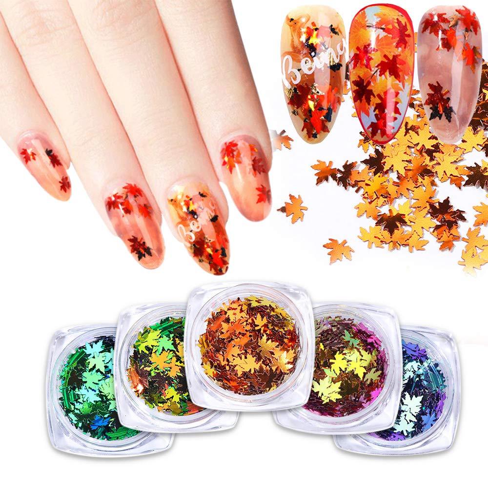 Fall Nail Sticker Decal Nail Art Sequins Colorful Maple Leaf Sequins Laser Nails Art Glitters Thin Paillette 5 Box Autumn Gradient Maple Leaf Thin Nail Sequins - BeesActive Australia