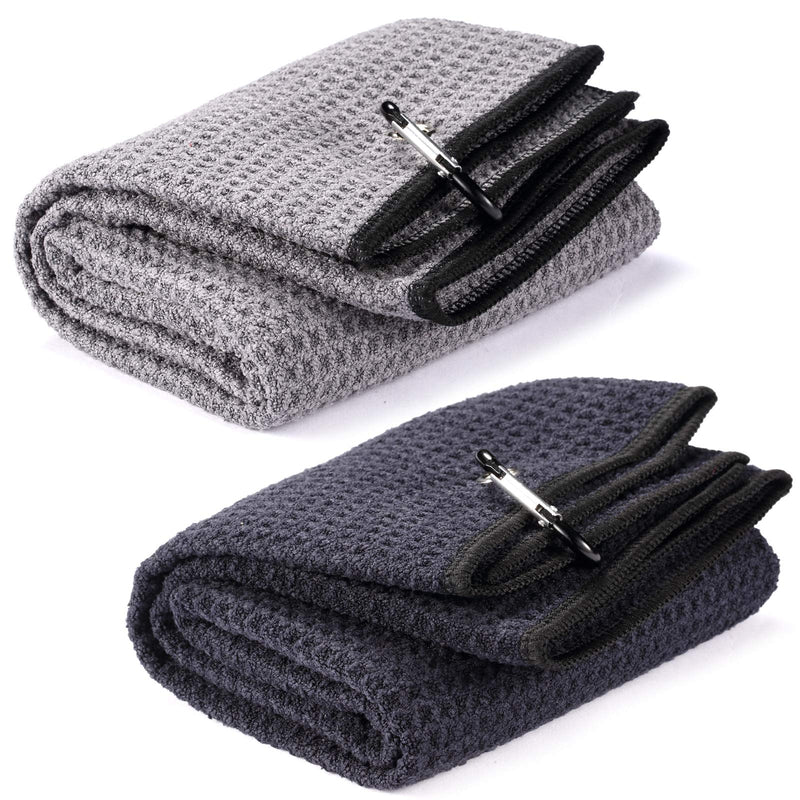 Fpxnb 2 Pack Tri-fold Golf Towel Set, Microfiber Fabric Waffle Pattern Towels, Heavy Duty Carabiner Clip (2 Pcs, 2 Colors) 1: All Black + Grey (Black Edge) - BeesActive Australia