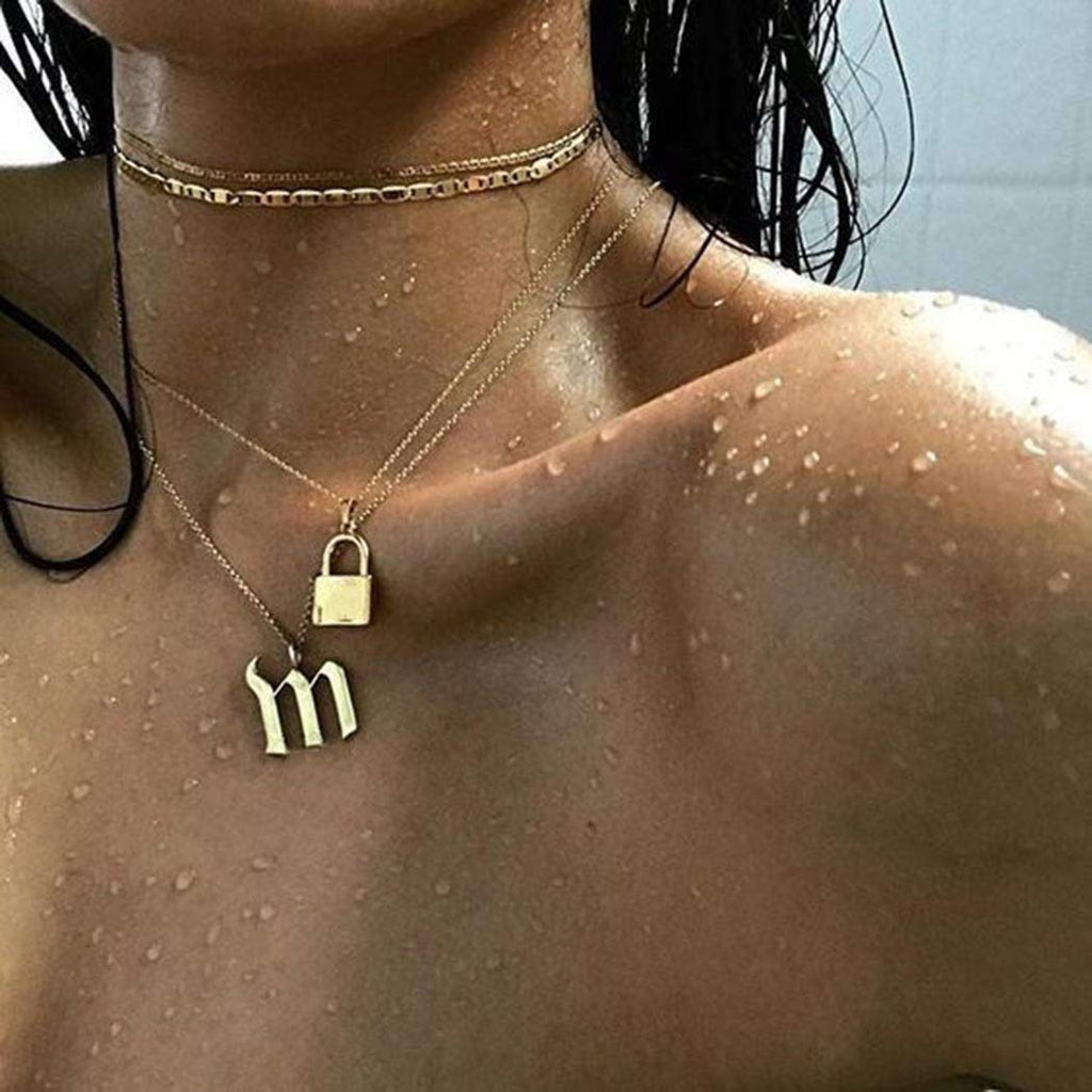 Ajacry Boho Layered Lock Necklace Gold Numble Pendant Necklaces Chains Link Choker for Women and Girls - BeesActive Australia