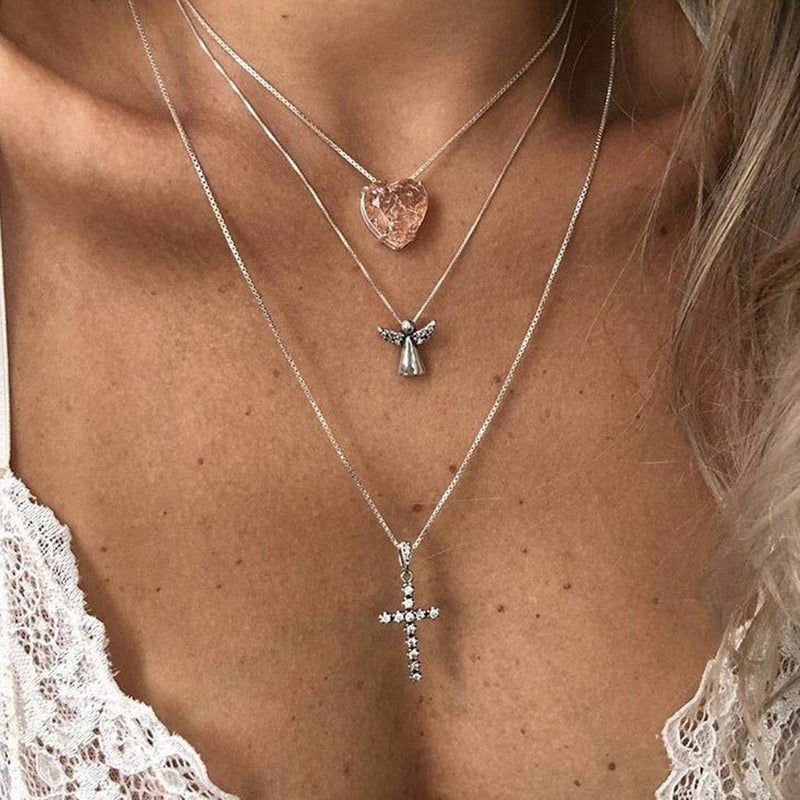 Ajacry Boho Cross Pendant Necklace Gold Crystal Layered Necklace Chains Angel Neckalces for Women and Girls - BeesActive Australia