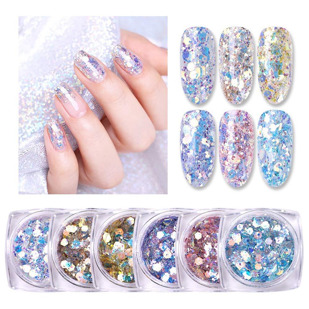 6 Pots Holographic Nail Glitter Flakes Nail Art Mixed Shiny Charms Hexagon Nail Art DIY Design Manicure Pigment Decoration Sparkle Manicure Set - BeesActive Australia