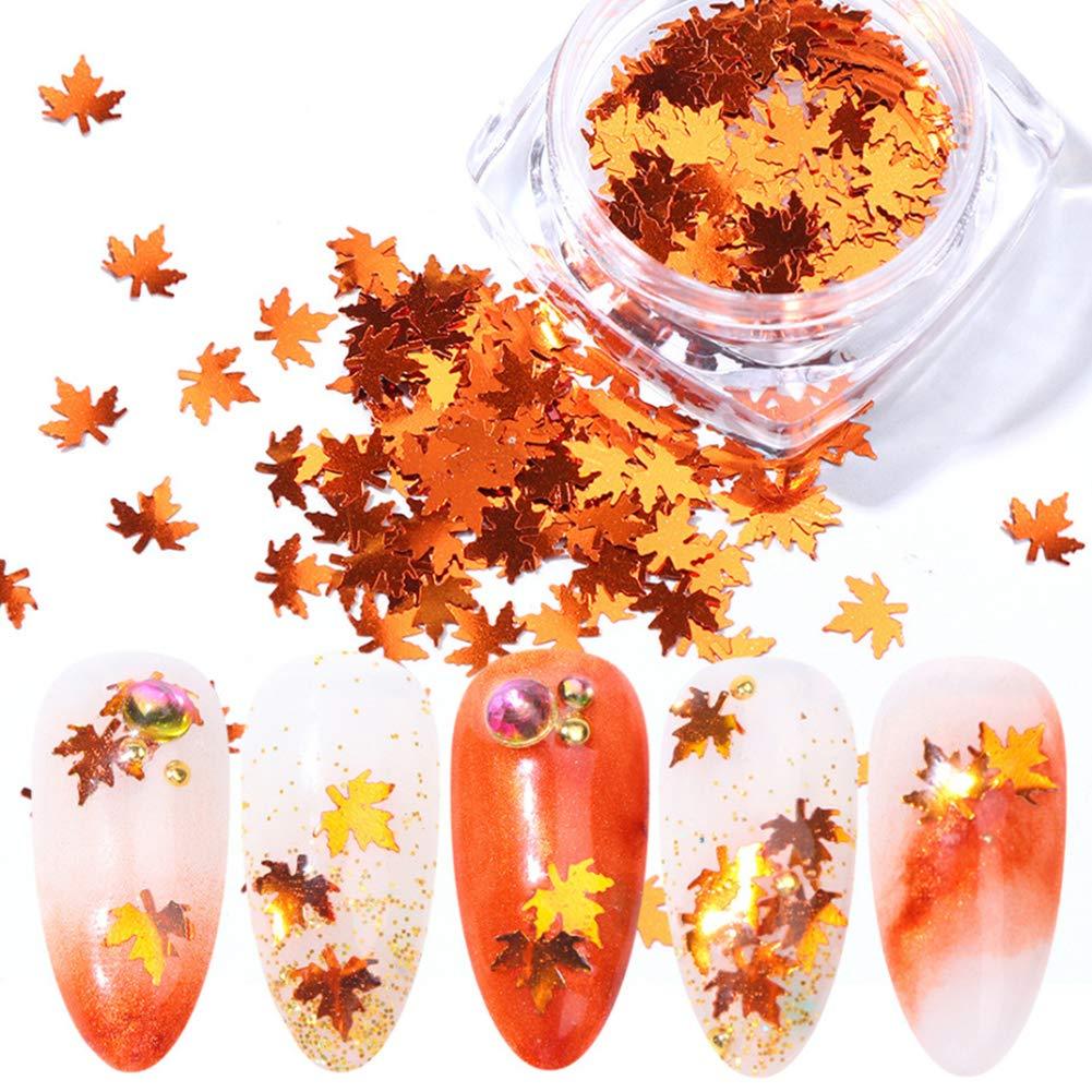 Maple Leaves Nail Art Sequins Fall Nail Art Glitter Stickers Decals Supplies 3D Sparkly Paillette Flakes Gold Holographic Maple Design Manicure Tips Decorations - BeesActive Australia