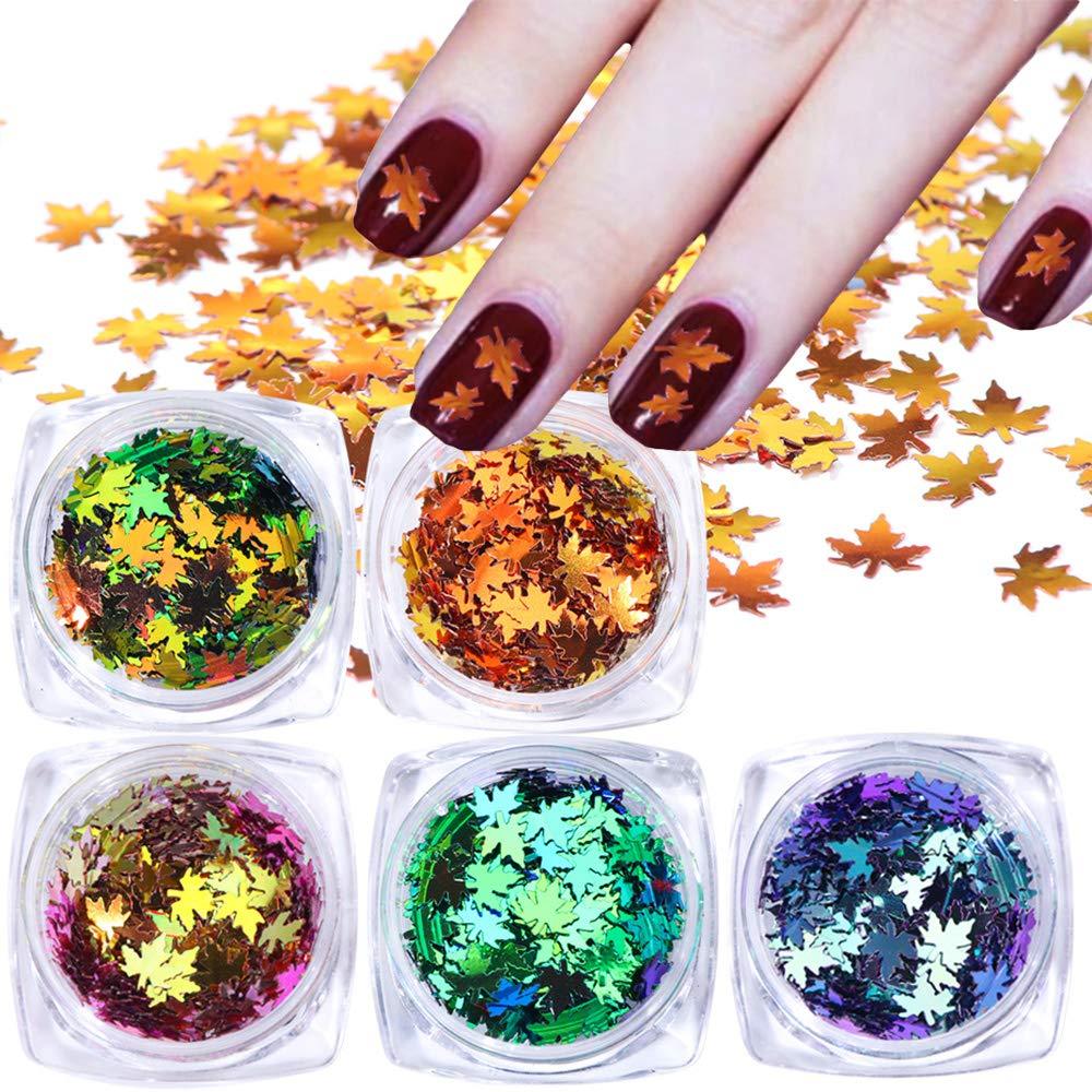 Fall Nail Art Glitter Flakes Maple Leaf Nail Sequins 5 Boxes Gold Pink Green Gradient Autumn Leaves Nail Confetti Manicure Tips Accessory Paillettes for Women Nail Art Supplies Decorations DIY Decor - BeesActive Australia