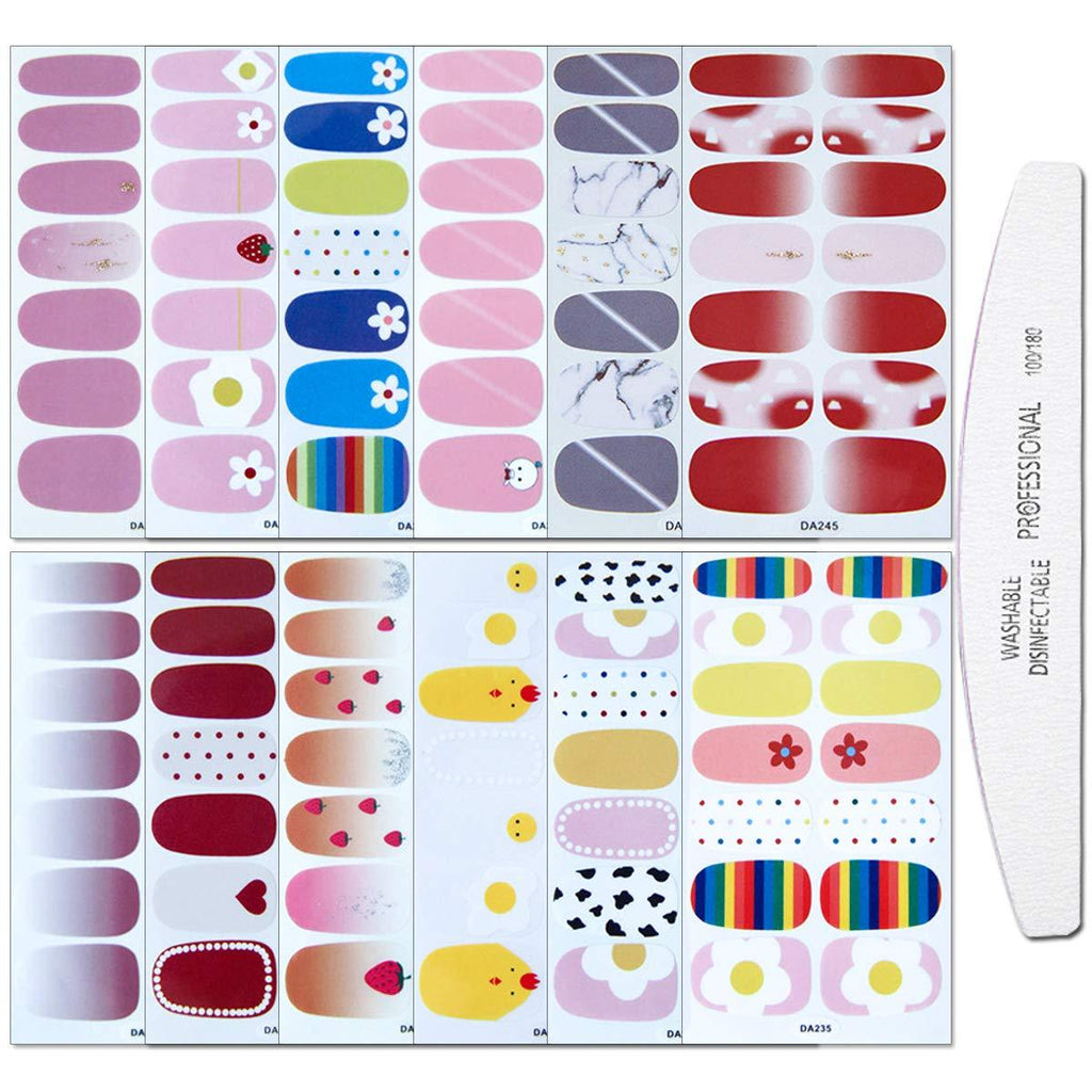 WOKOTO 12 Sheets Full Wrap Nail Polish Stickers Strips With 1Pc Nail File Cute Design Adhesive Nail Art Decals Manicure Kit For Women KIT3 - BeesActive Australia