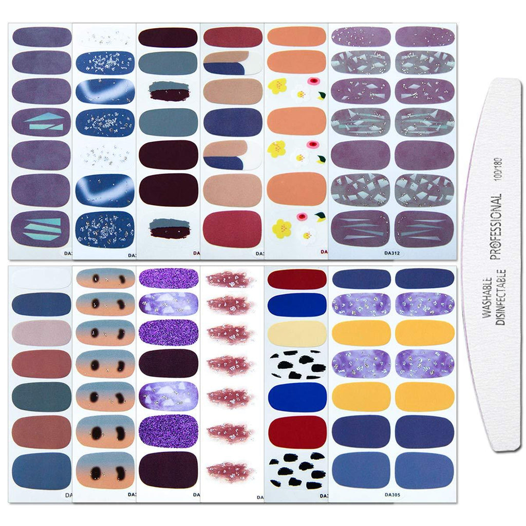 WOKOTO 12 Sheets Adhesive Nail Polish Wrap Stickers Strips With 1Pc Nail File Gradient Nail Art Decals Manicure Accessories For Women KIT2 - BeesActive Australia