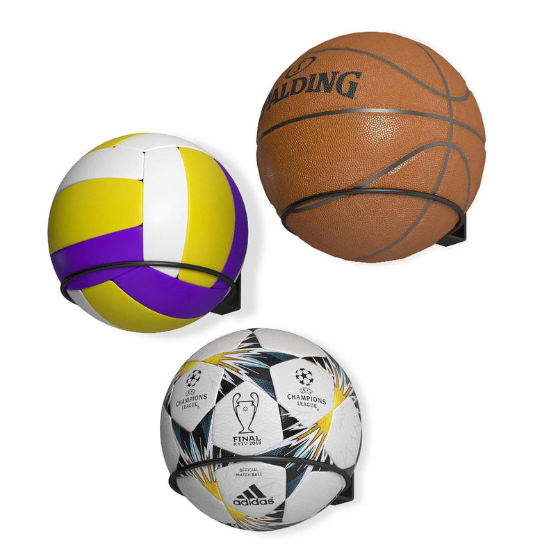 Wallniture Punto Soccer Ball, Volleyball and Basketball Holder Wall Mount Ball Organization and Storage Rack Set of 3, Metal Black - BeesActive Australia