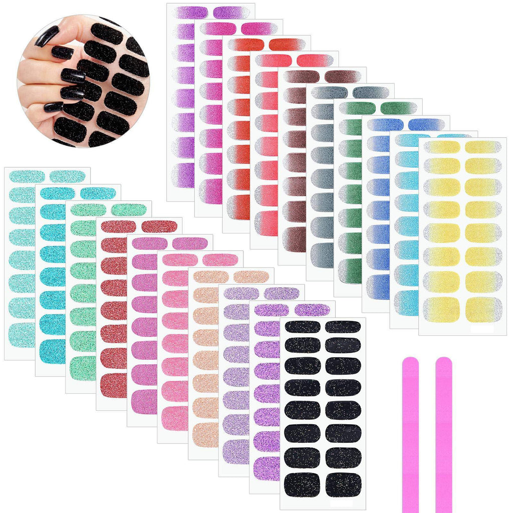 320PCS Full Wraps Nail Art Stickers Self Adhesive Pure Gradient Color Glitter Nail Polish Strips Nail Wraps Decals Decoration with Nail File for Women Girls Manicure DIY or Nail Salon (20 Sheets) - BeesActive Australia
