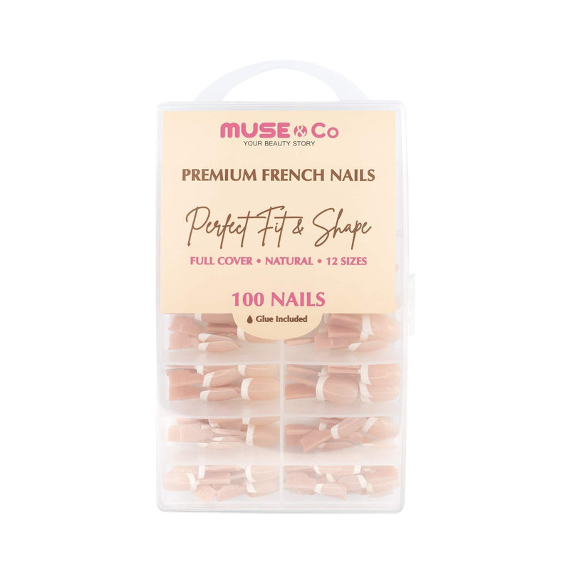 MUSE & Co Stick-On Gel 100 False Nails Medium Long Length Gloss Classic Nude Squoval French Tip - BeesActive Australia