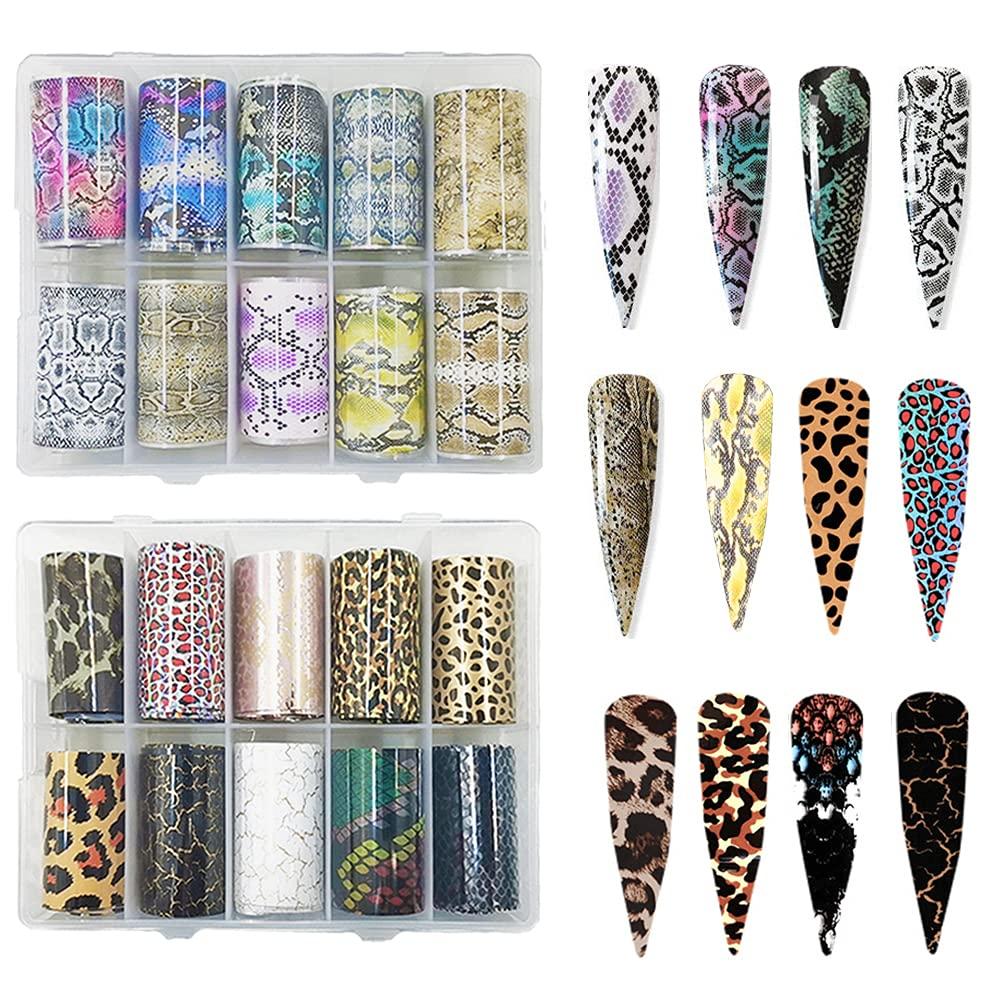 CHANGAR Animal Skin Nail Art Foil Transfer Decals Serpentine Leopard Print Tiger Snake Skin Pattern Fish Scale Nail Foil Adhesive Stickers Starry Manicure Transfer Tips Nail Art DIY Decoration Kit - BeesActive Australia