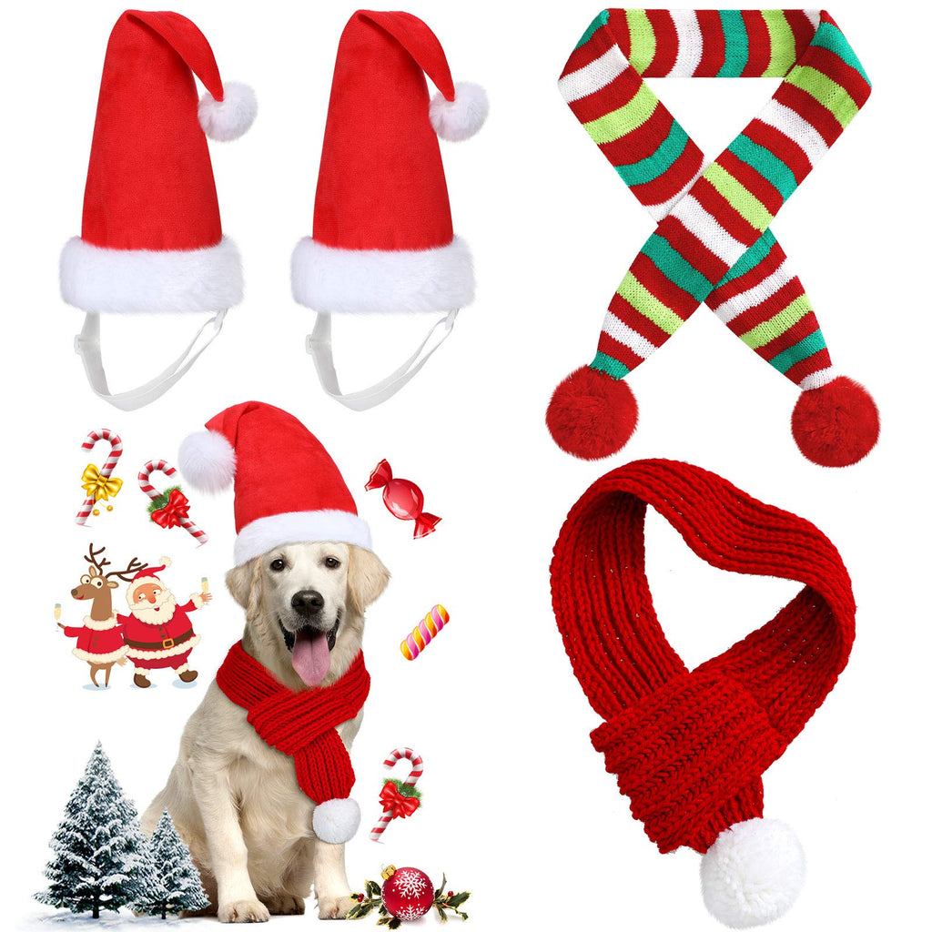 4 Pieces Christmas Dog Scarf with Santa Hat 2 Adjustable Christmas Pet Hat and 2 Pet Knit Red Scarf with White Pompom Ball Striped Scarf Winter Pet Accessory for Small Medium Large Dog - BeesActive Australia