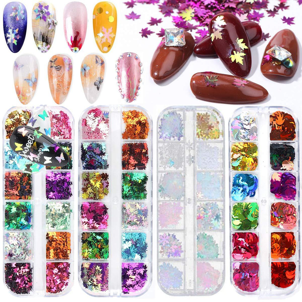 BILBAL 4 Box Snowflake Nail Sequins, Maple Leaf Butterfly Flame Nail Holographic Nail Sparkles 3D Flake Acrylic Paillettes for Nail Art DIY Crafts Make Up Chirstmas Carnival - BeesActive Australia