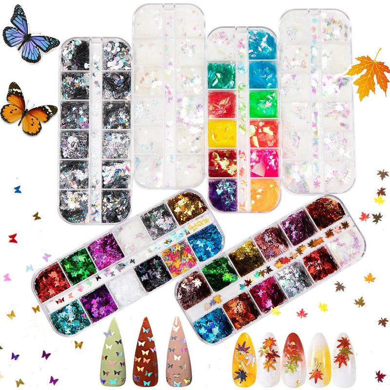 6 Boxes Holographic Nail Sequins, Colorful Butterfly and Maple Leaf Glitter and 24 Colors Iridescent Mermaid Flakes, DIY Decals Decoration for Nails Face Body Eyes 6 boxes mixed sequins - BeesActive Australia