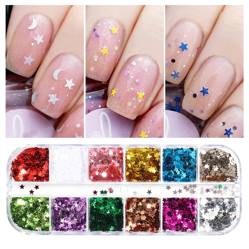 ZRIUM Glitter Nail Sequins 12 Color Star-Moon-Shaped Flake Holographic Nail Art Supplies Accessories Nail Decorative Pieces Nail Stickers For Nail Art Decoration And DIY Handmade (Star-Moon-Shaped) - BeesActive Australia